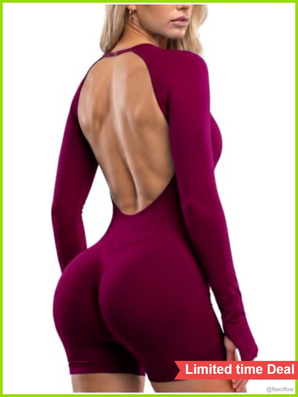 SEASUM Women Long Sleeve Backless Seamless Ribbed Gym Bodysuit Romper